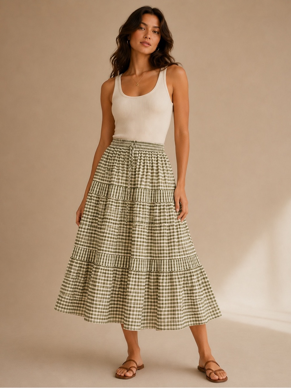 Olive Green Gingham Tiered Maxi Skirt Cottagecore Coastal Size M
